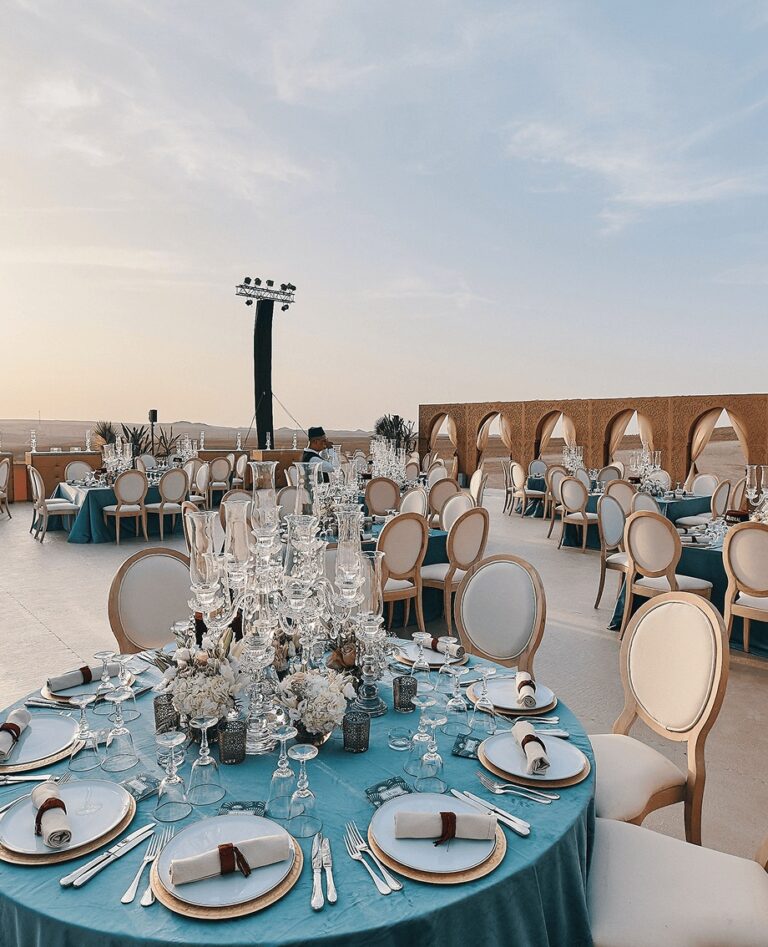 Turquoise table setting at dusk, Cocoon Events