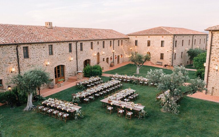 The Cortile Set for a Wedding Dinner, ColleMassari Hospitality