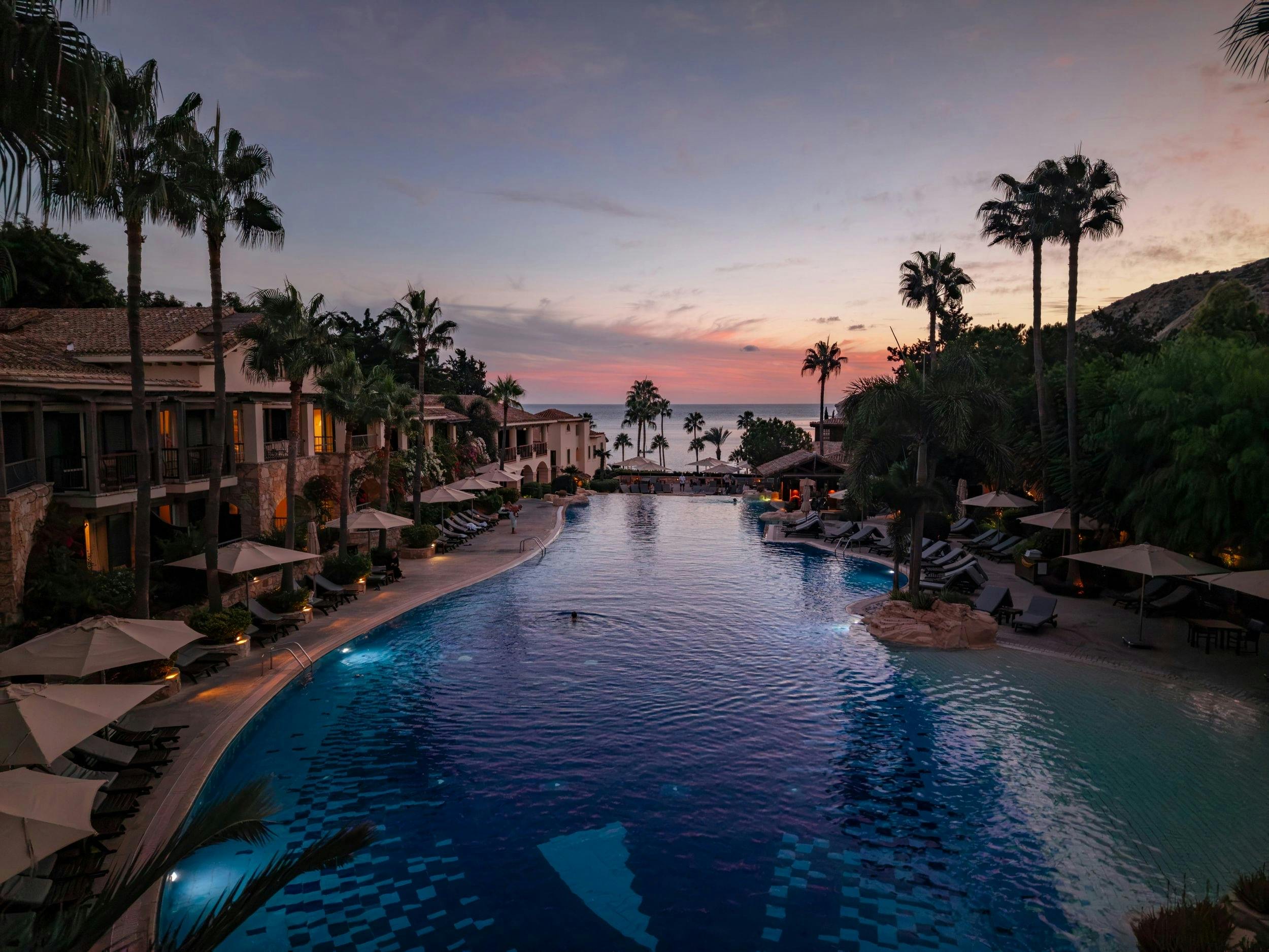 The lagoon pool at dusk, Columbia Beach Resort