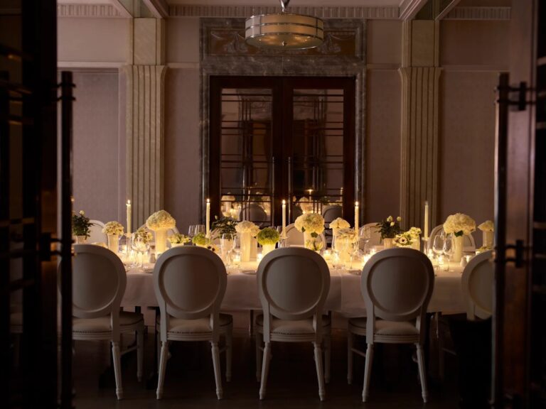 Wedding dinner table laid in the Mayfair Room, The Connaught