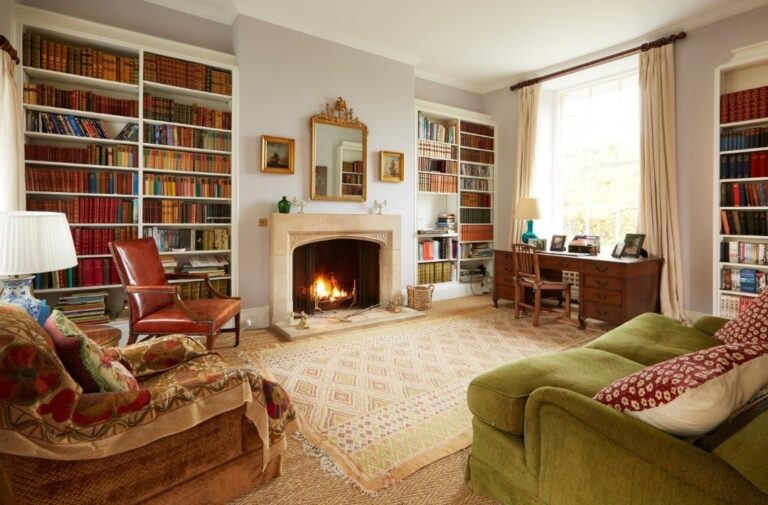 The library, with its open fire, Cornwell Manor