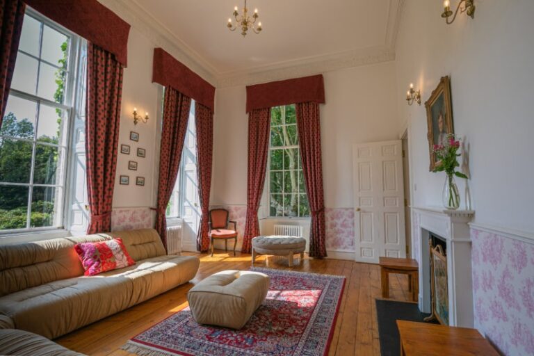 A drawing room in red, with a old fireplace, Cortes House