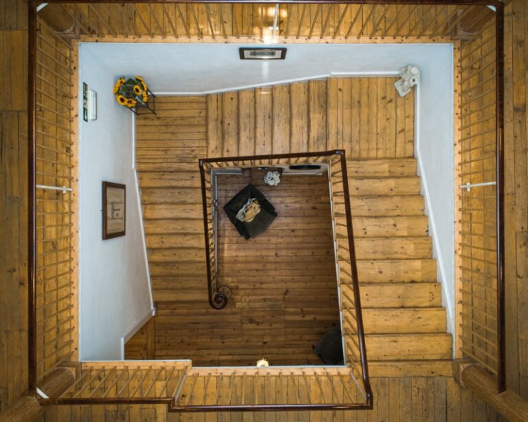 The staircase beneath the atrium, from above, Cortes House