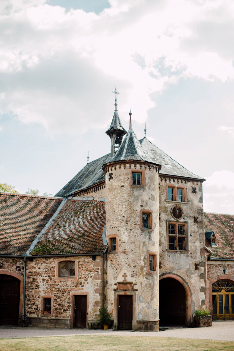 The stone tower of the chateau, from a French chateau wedding, Cottonwood Studios