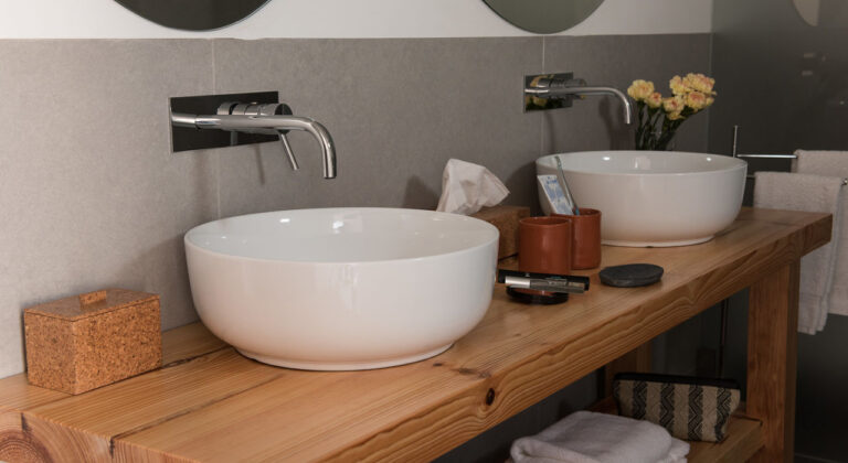 Bathroom basins on a timber counter, Craveiral Farmhouse