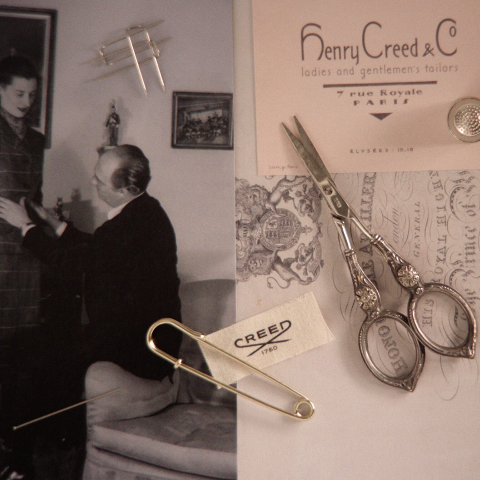 House archive: a Henry Creed and Co tailors card from Paris with a fitting in progress