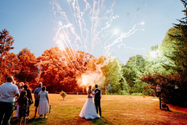 Fireworks over the lawn, guests watching, Creeksea Place