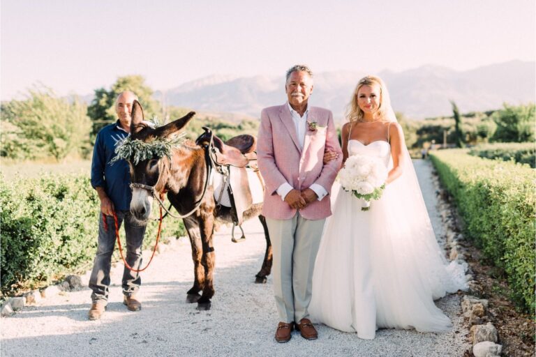 A bride and groom stand with a donkey on a gravel drive between hedges, Crete for Love
