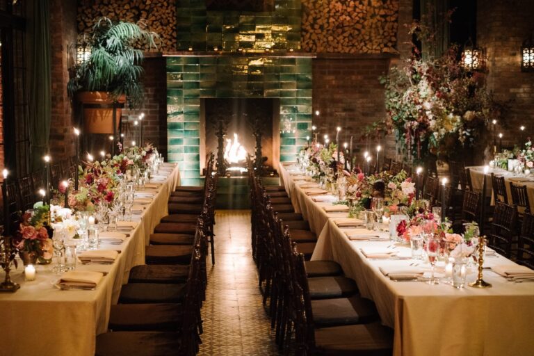 Long candlelit tables with garden flowers in a New York hotel dining room, Cristina Verger Event Planning and Production