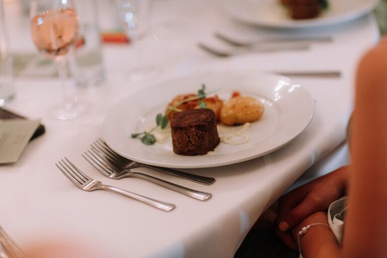 A plated main course at a wedding breakfast by Ross & Ross Events, Crockwell Farm