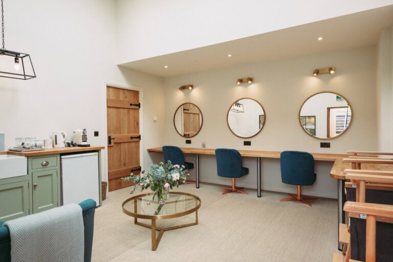 The prep room with round mirrors, make-up chairs and a kitchenette, Crockwell Farm
