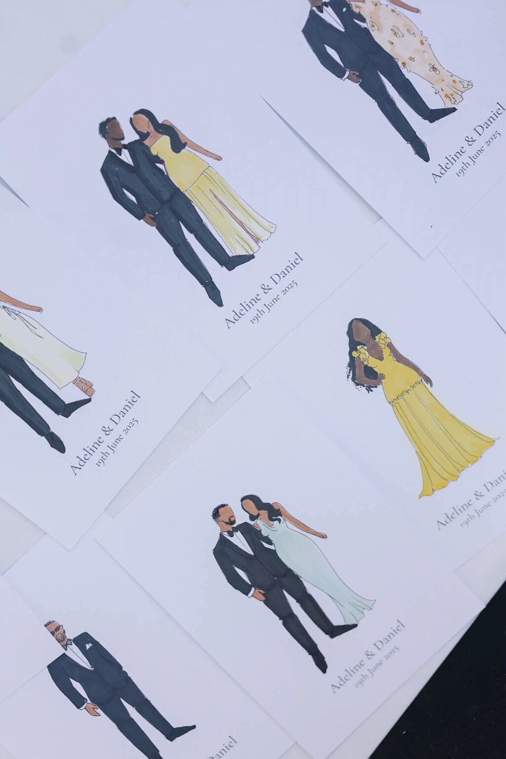 Illustrated stationery showing the couple and their guests, Cygnus Events
