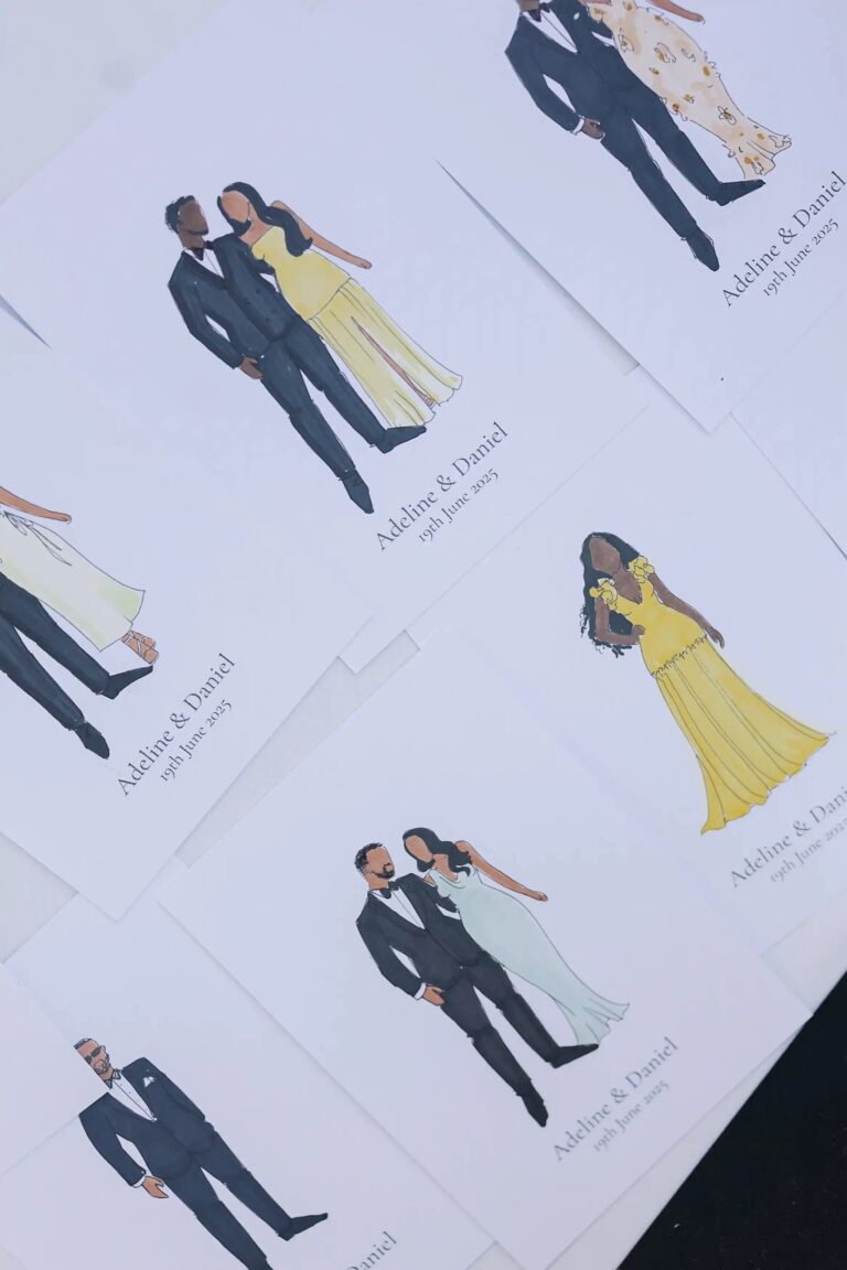 Illustrated stationery showing the couple and their guests, Cygnus Events