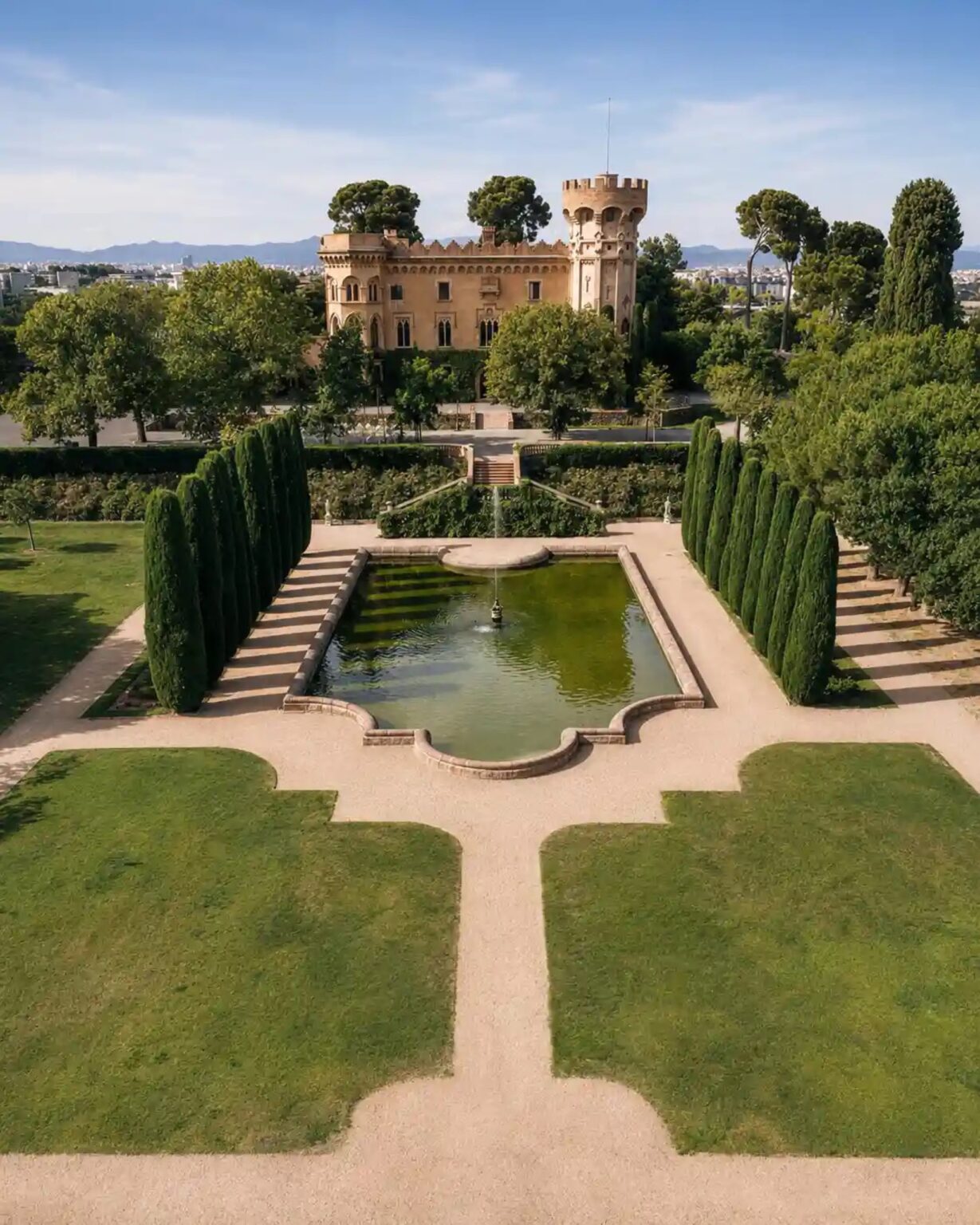 An aerial view of a castle and formal water garden
