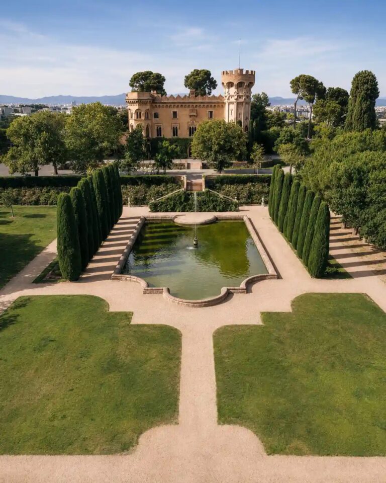 Aerial view of a castle and formal water garden, Cygnus Events