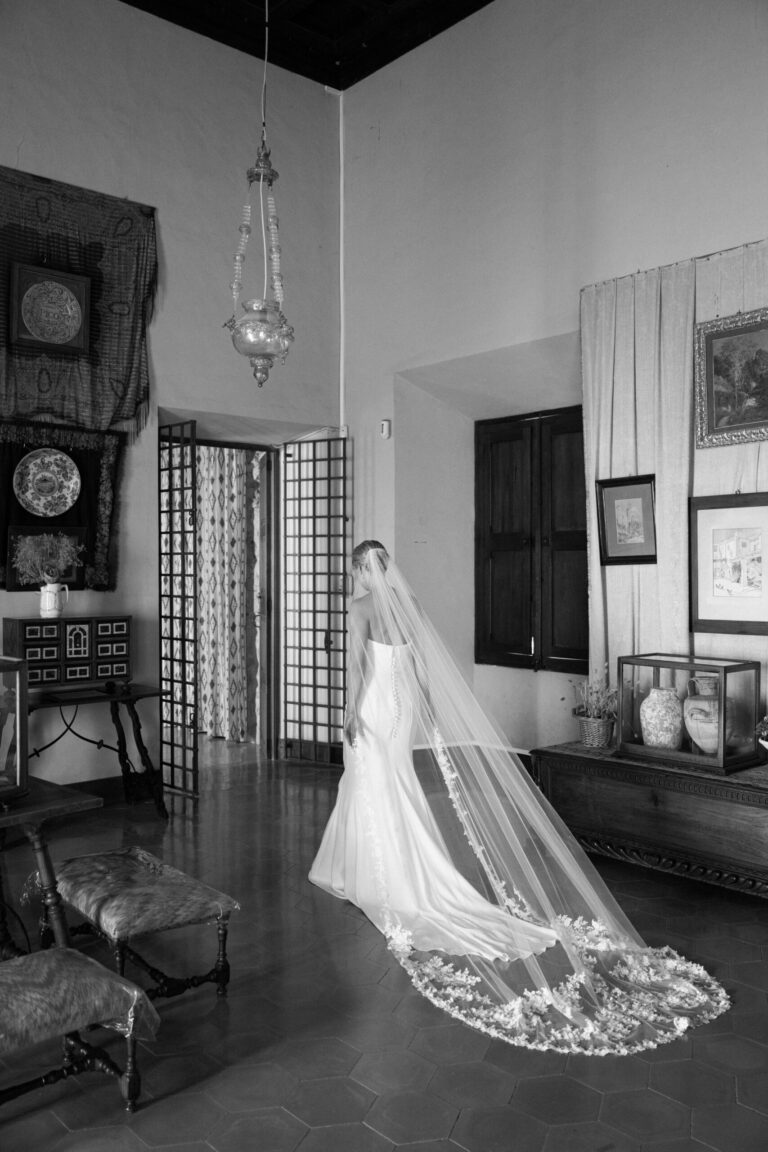 A bride and her long lace veil in a historic interior, Cygnus Events
