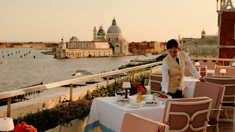 Terrace service with the dome of Santa Maria della Salute behind, Danieli, Venezia, A Four Seasons Hotel