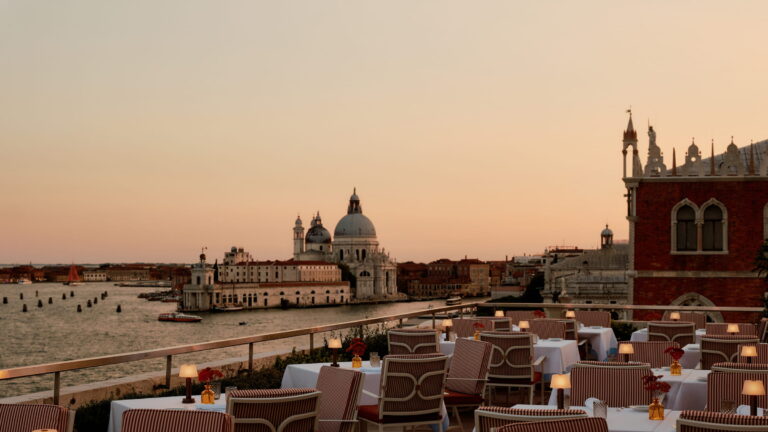 Terrazza Danieli rooftop at dusk over the lagoon, Danieli, Venezia, A Four Seasons Hotel