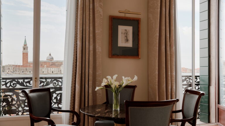 Dining table by a window facing San Giorgio Maggiore, Danieli, Venezia, A Four Seasons Hotel