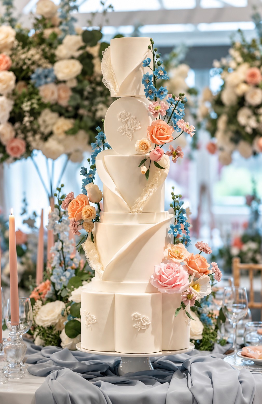 A sculpted white wedding cake among flowers, Danielle's Cakes Pershore
