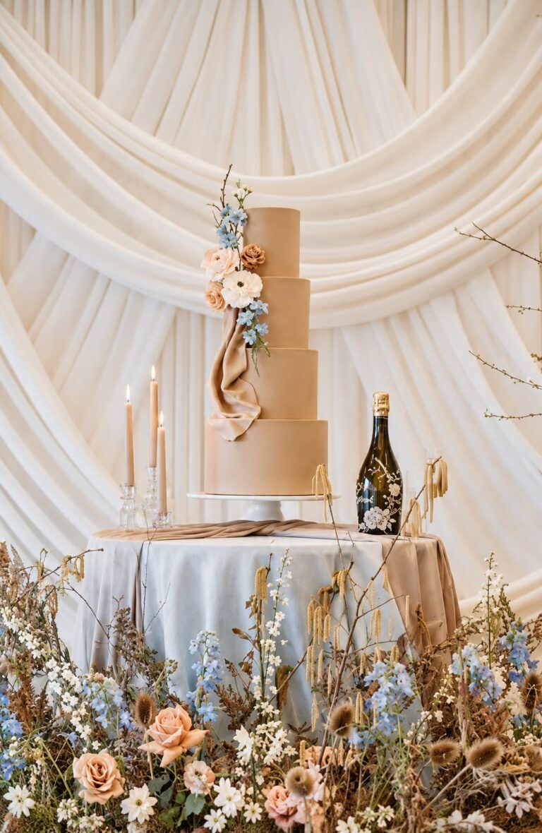A wedding cake with gold detail on a table beside a floral arrangement, Danielle's Cakes Pershore