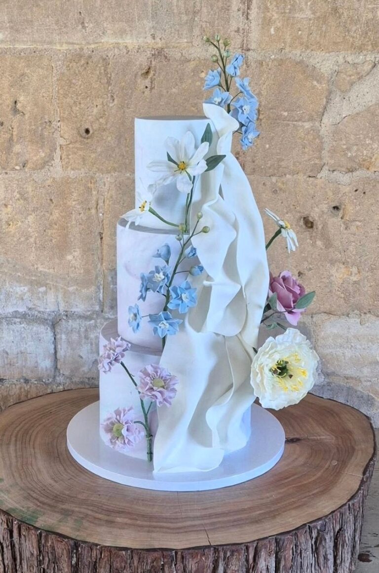 A blue and white wedding cake with hand-painted sugar flowers, Danielle's Cakes Pershore
