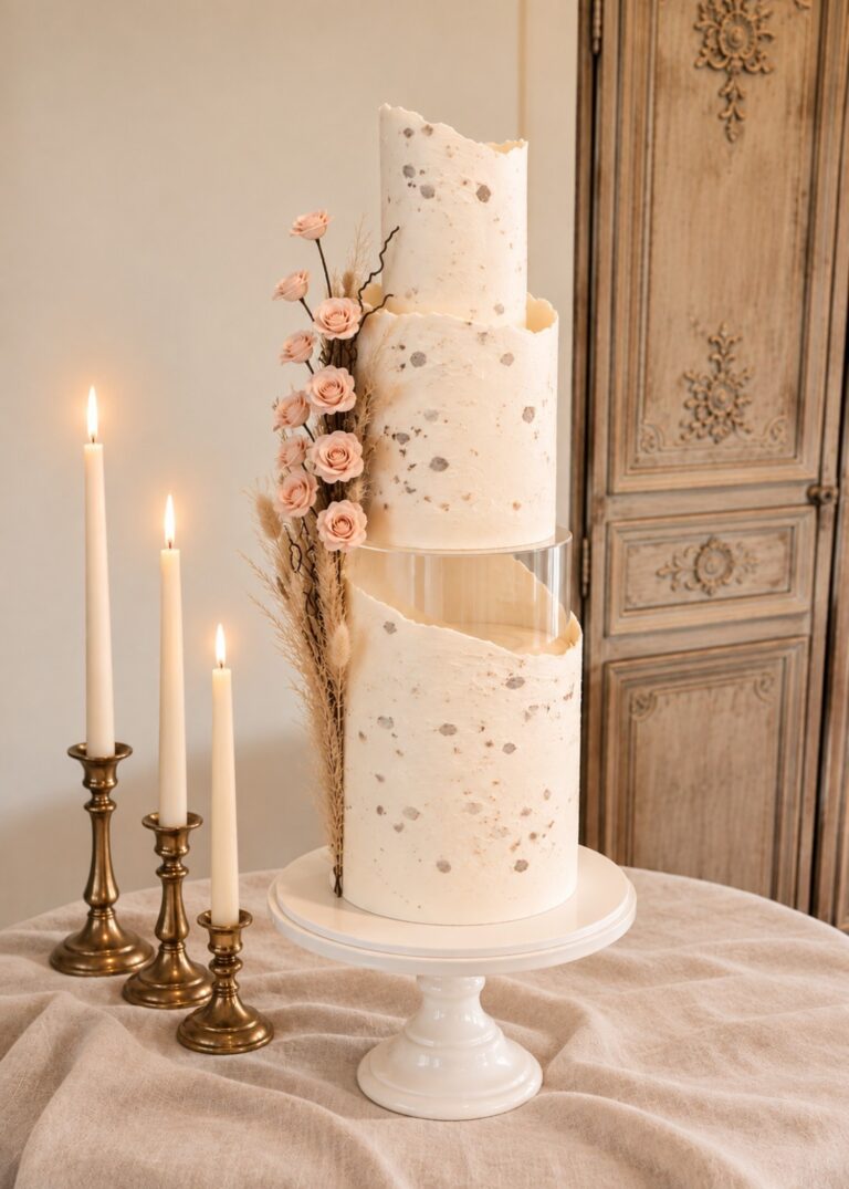 A white wedding cake with sugar branches and candlesticks, Danielle's Cakes Pershore