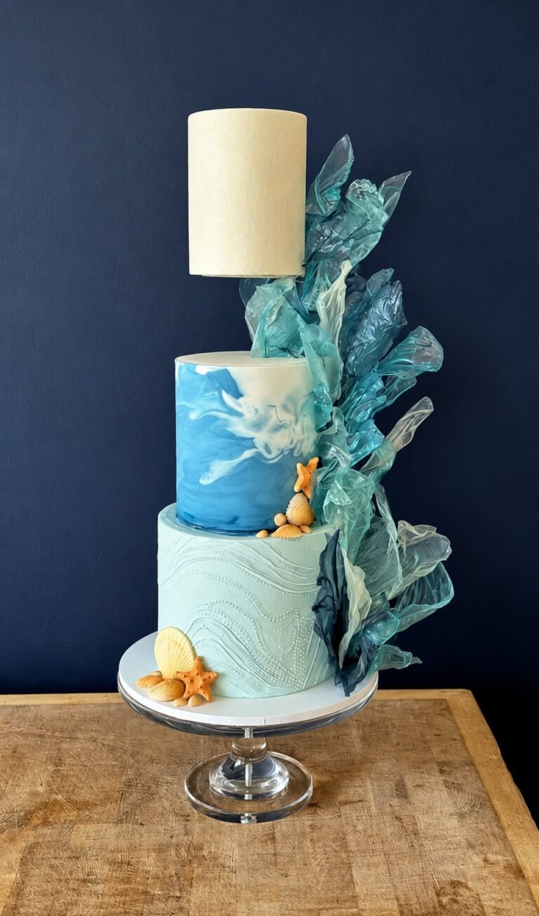 A turquoise and gold marbled wedding cake, Danielle's Cakes Pershore
