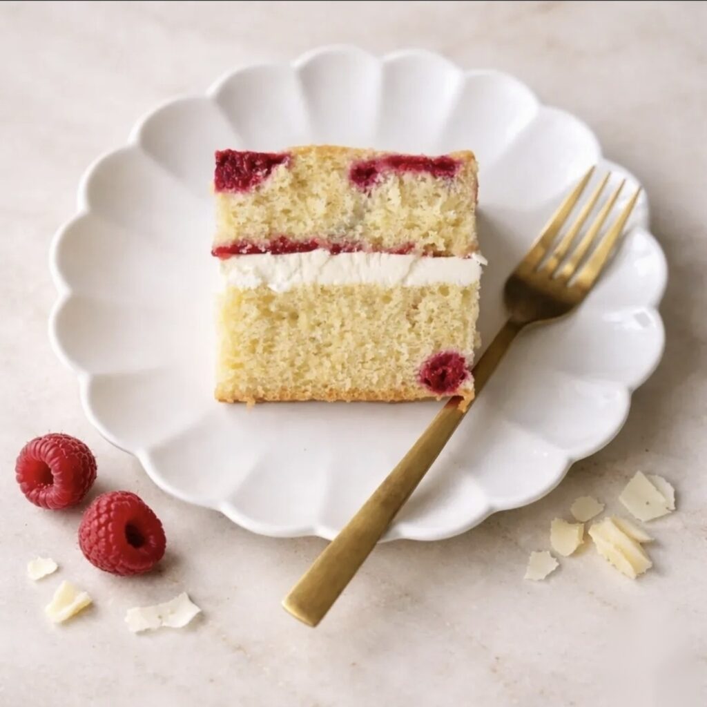 A slice of sponge layered with berries and white chocolate, Danielle's Cakes Pershore