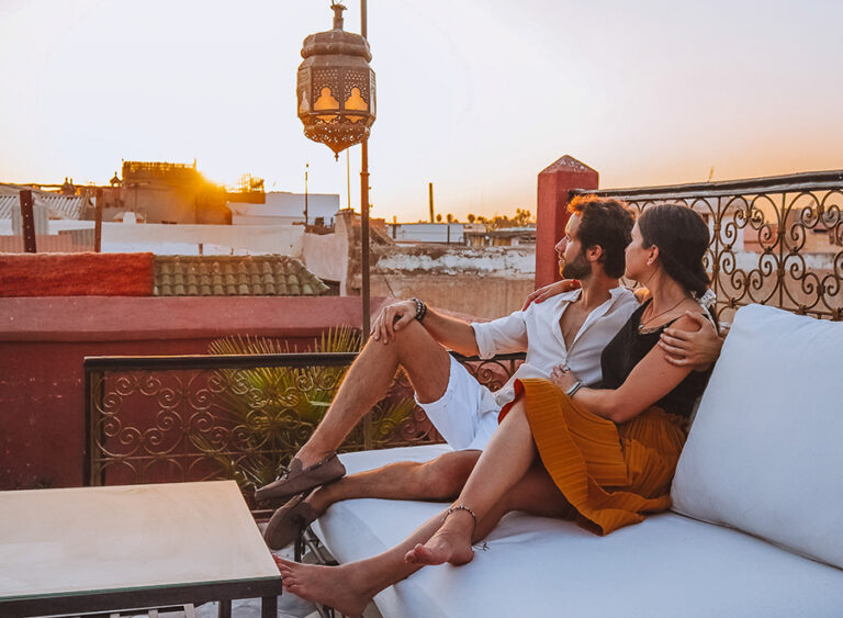 Rooftop seating at sunset, Dar Jaguar