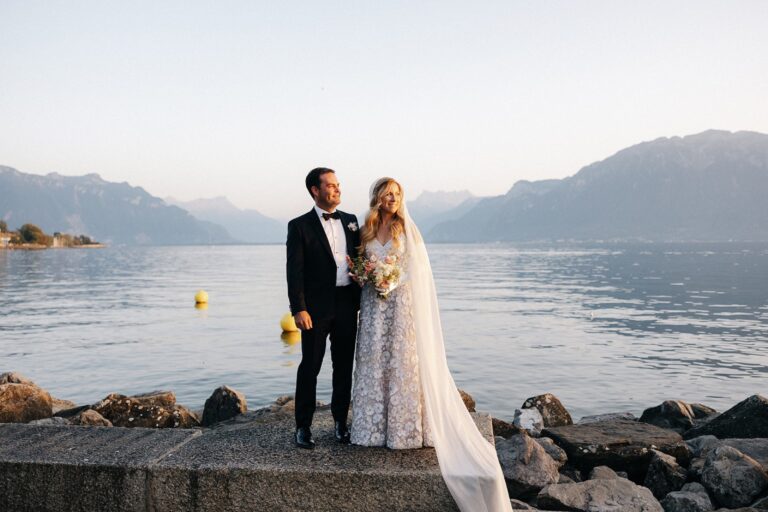 Couple on the lakeshore with the Alps behind, Château d'Avully, Thonon-les-Bains, France, Daria Events and Weddings