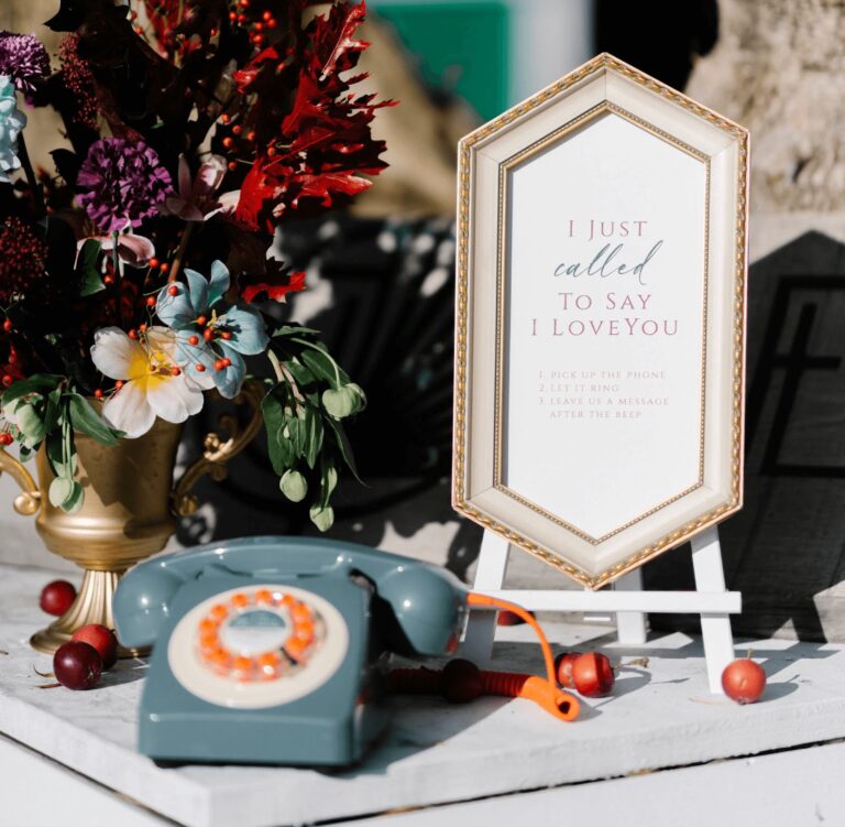 Table styling with gilded frame, vintage telephone and dried flowers, Daria Events and Weddings