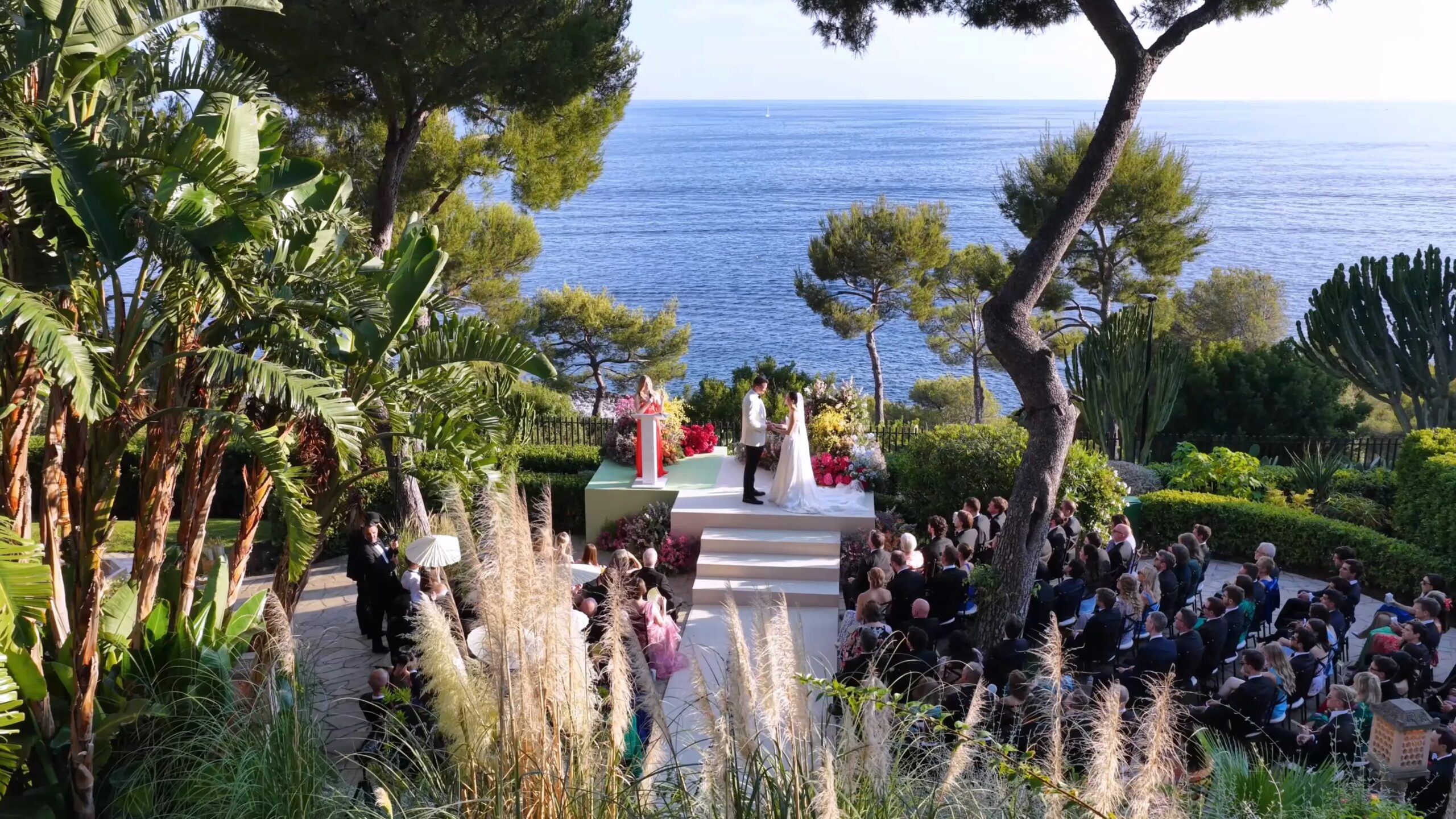 Julia and Ben's garden ceremony above the sea at Four Seasons Cap Ferrat (film still), Denee Motion
