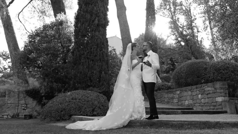 A and R in the gardens of Château La Tour Vaucros, in black and white (still from their film), Denee Motion
