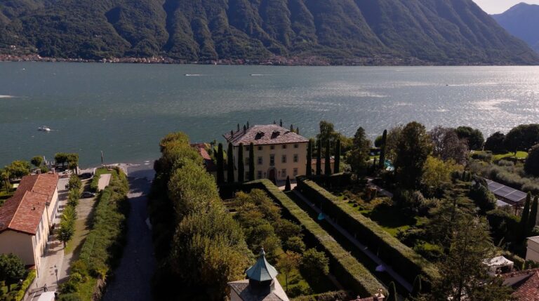 Villa Balbiano and its gardens on the shore of Lake Como, from the air, Denee Motion