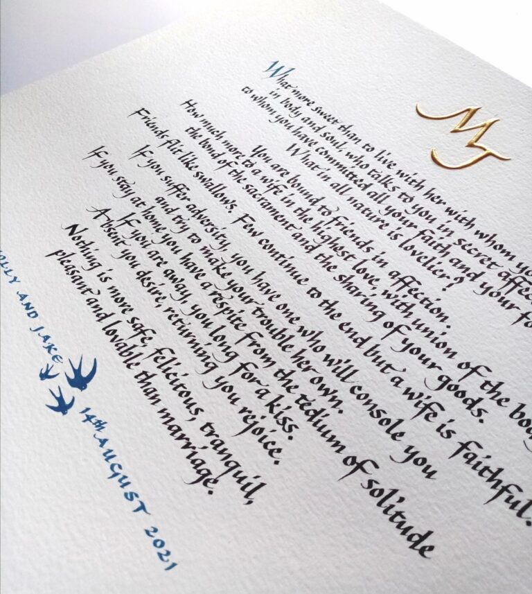 A marriage reading in calligraphy with a gold monogram and painted swallows, Denise Hagon Calligrapher
