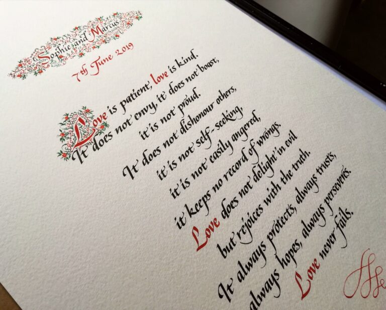 A reading on love in black and red calligraphy with a gilded initial, Denise Hagon Calligrapher