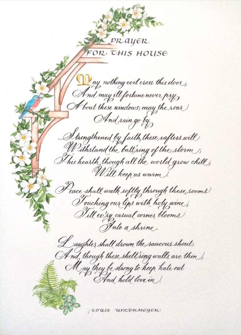 A prayer for a house in calligraphy, framed by painted flowers and a bluebird, Denise Hagon Calligrapher