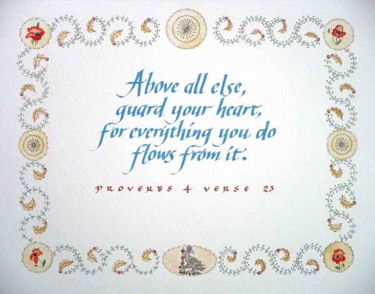 A proverb in blue calligraphy inside a hand-painted floral and gold border, Denise Hagon Calligrapher