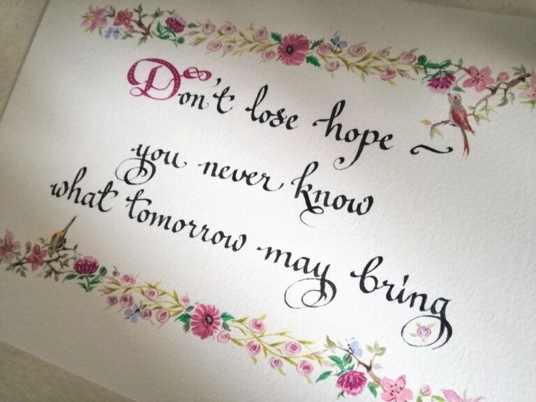 A line of calligraphy with a painted border of pink flowers and a bird, Denise Hagon Calligrapher