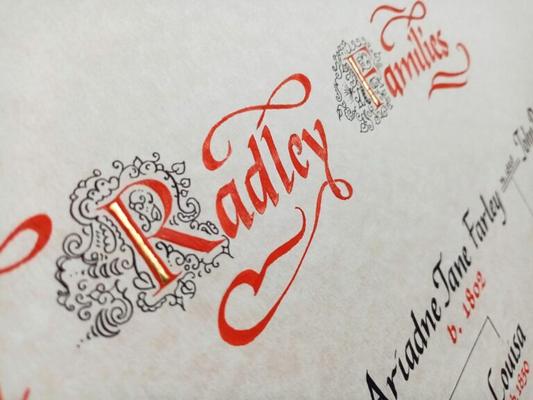 A family tree heading in red calligraphy with a gilded and pen-drawn initial, Denise Hagon Calligrapher