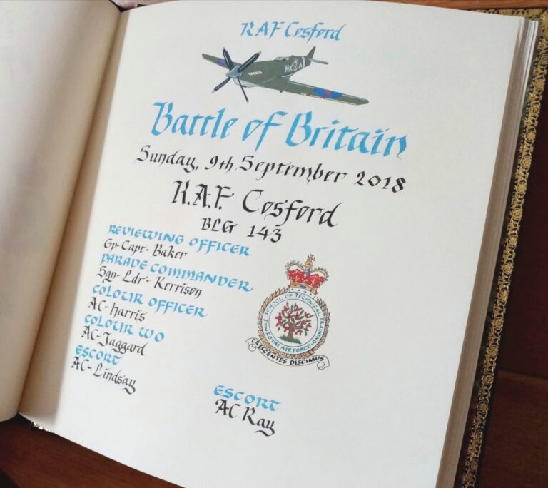 A commemorative book page in calligraphy with a painted aircraft and squadron badge, Denise Hagon Calligrapher