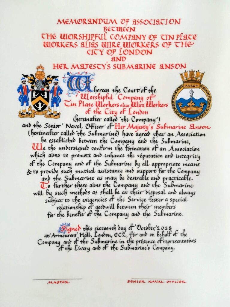 A memorandum in black and red calligraphy with two painted coats of arms, Denise Hagon Calligrapher