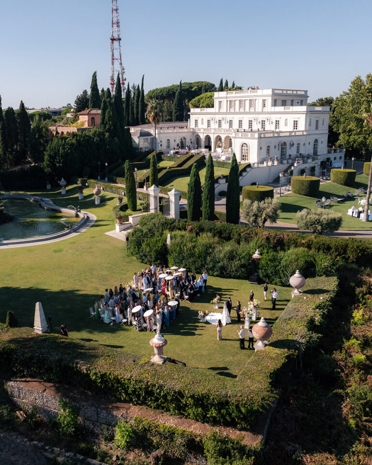 Aerial view of the gardens and terraces of Villa Miani above Rome during the drinks reception, Denise More