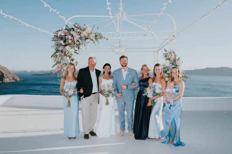 A bridal party after the ceremony with the sea behind, Diamond Rock Venue, Santorini, Diamond Rock Santorini