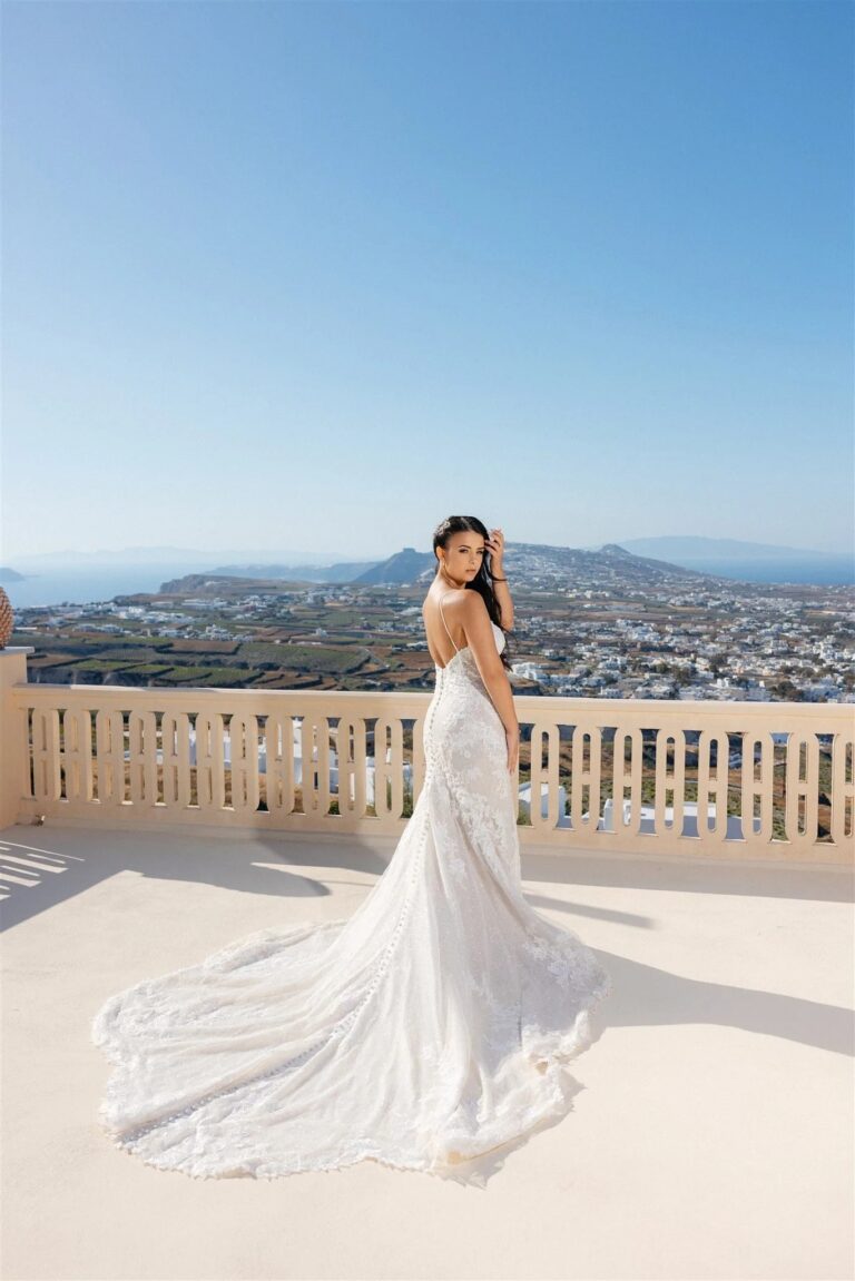 A bride on the terrace at Venetsanos Winery, Santorini, Diamond Rock Santorini