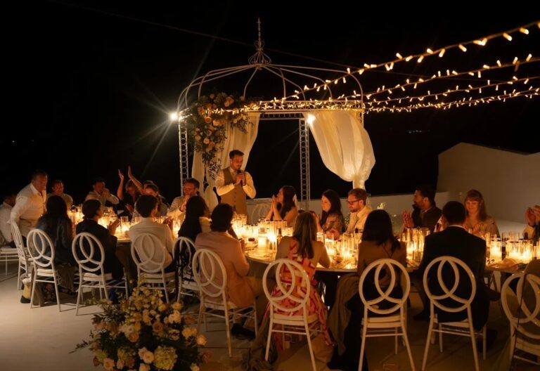 An evening reception under fairy lights at the Diamond Rock Venue, Santorini, Diamond Rock Santorini