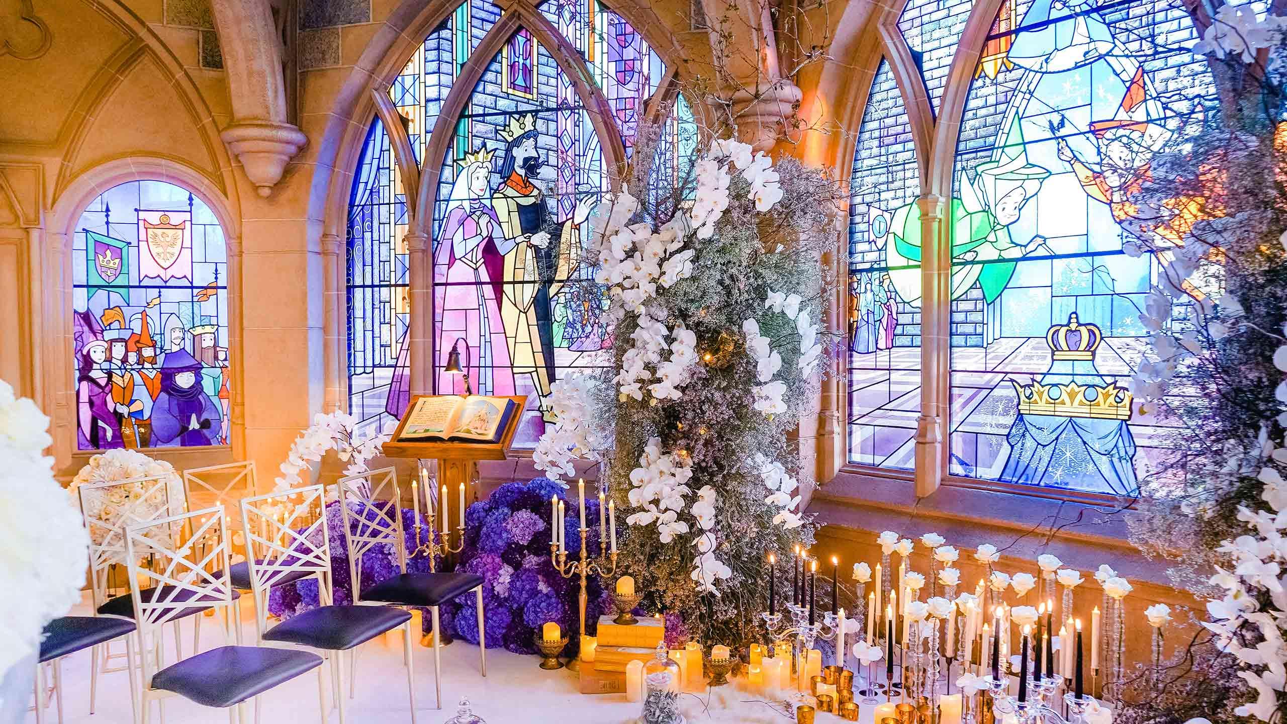Wedding ceremony space with stained glass windows inside Sleeping Beauty Castle, Disneyland Paris