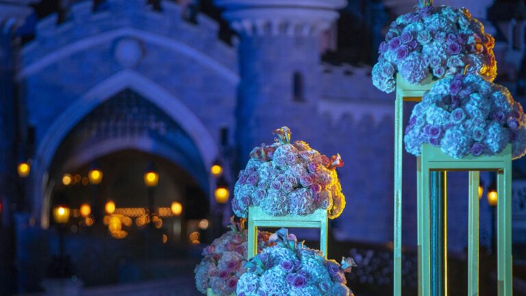 Blue floral arrangements at the castle entrance, Disneyland Paris