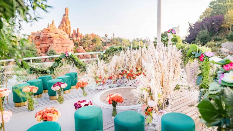 Reception terrace styled with pampas grass and flowers, Disneyland Paris
